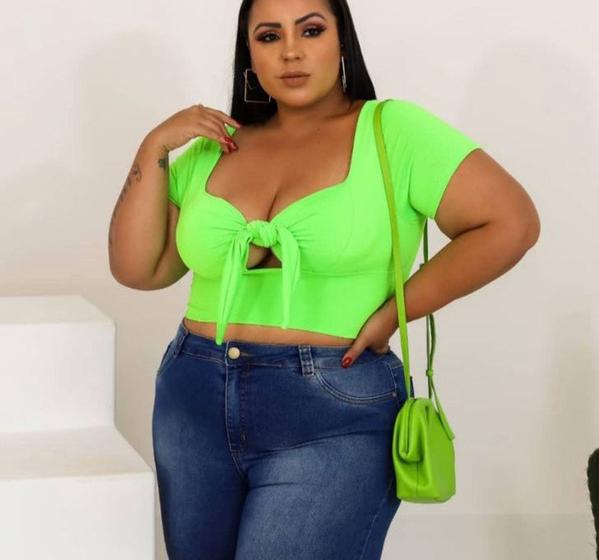 Imagem de Blusa cropped feminino plus size decote amarrar manga curta com bojo moda elegante