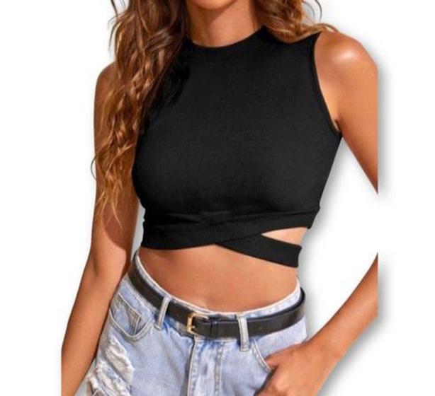 Imagem de blusa cropped feminino regata recorte na lateral viscolycra fashion