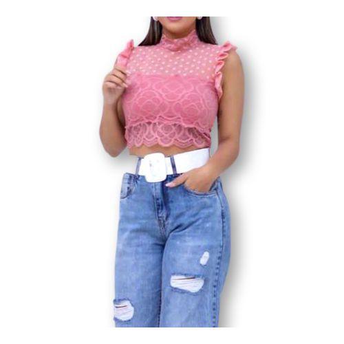 Imagem de Blusa Cropped feminino renda poa com bojo cavada babado elegante