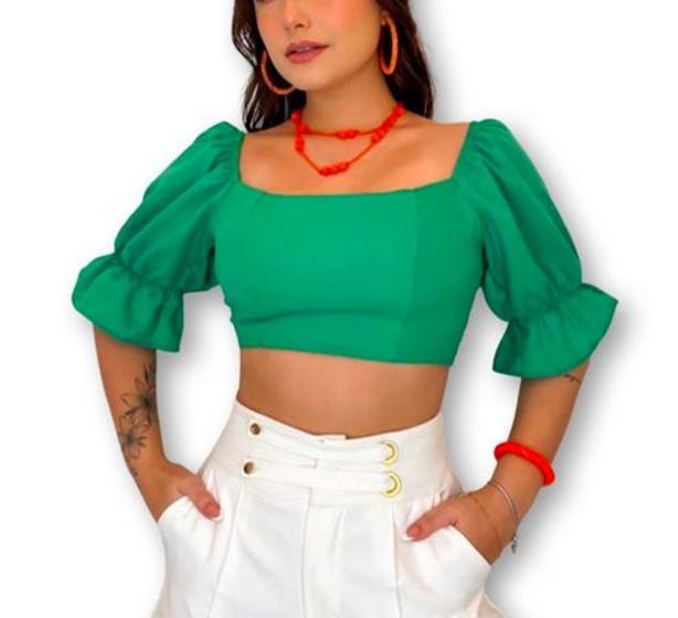 Imagem de Blusa cropped feminino top manga babado amarração c/ bojo moda blogueira