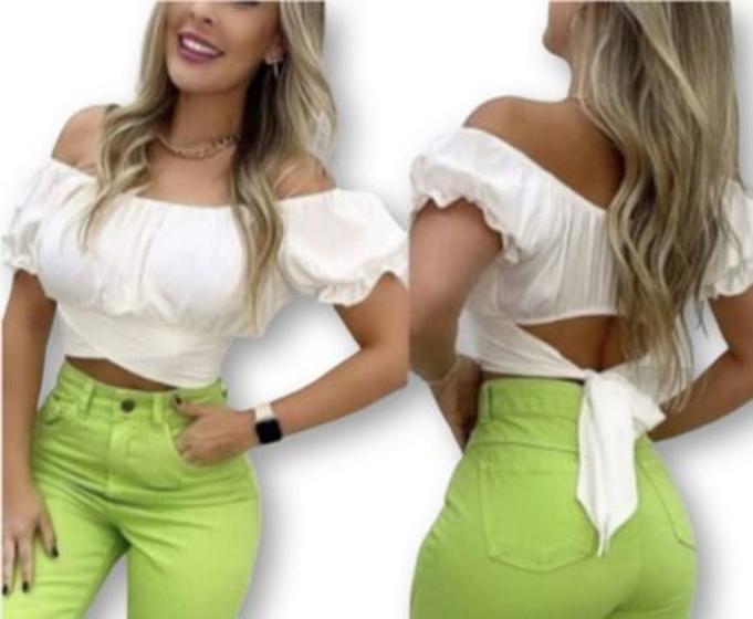 Imagem de Blusa cropped feminino top manga ciganinha bufante c/amarração moda blogueira