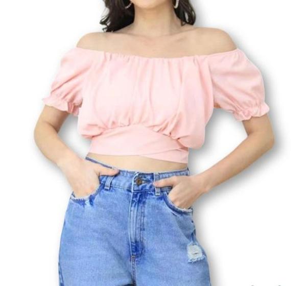 Imagem de Blusa cropped feminino top manga ciganinha bufante c/amarração moda feminina