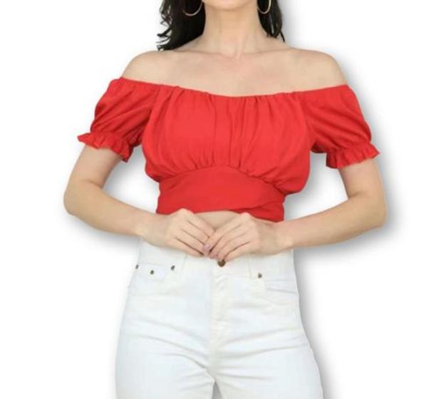 Imagem de Blusa cropped feminino top manga ciganinha bufante c/amarração moda influencer