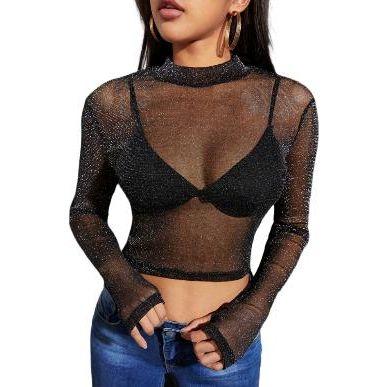 Imagem de Blusa cropped feminino tule lurex manga longa fashion