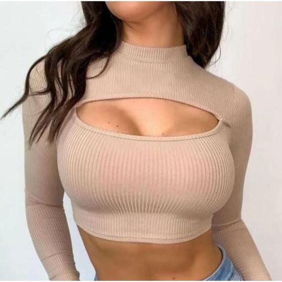 Imagem de Blusa cropped gola alta decote vazado manga longa moda estilo