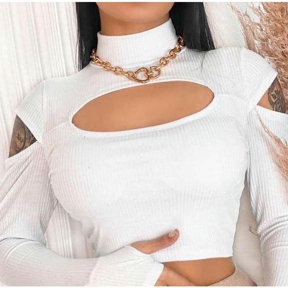 Imagem de Blusa cropped gola alta detalhe no ombro manga longa canelado feminina