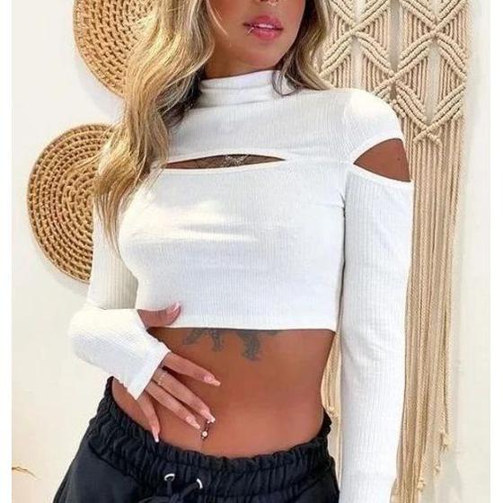 Imagem de Blusa cropped gola alta feminino detalhe no ombro manga longa canelado blogueira