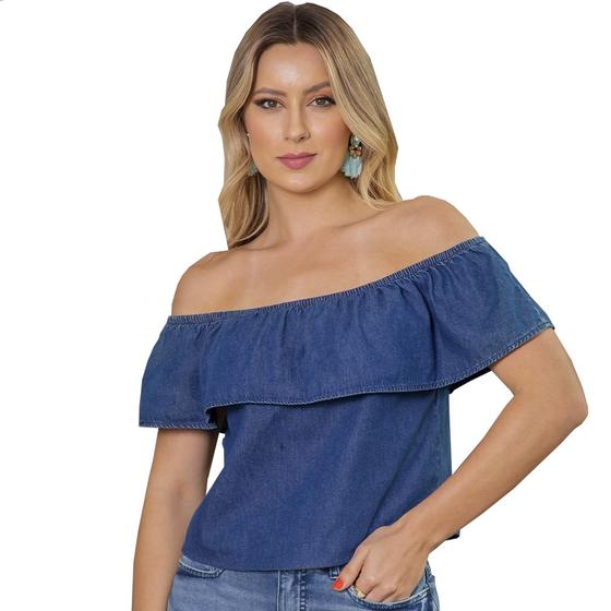 Imagem de Blusa Cropped Jeans Feminina Ciganinha Ombro