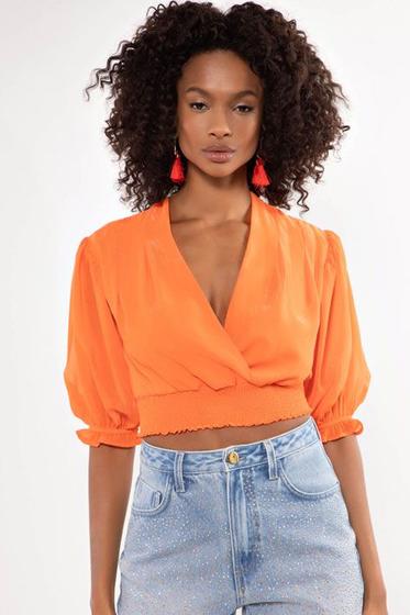 Imagem de Blusa Cropped Laranja Tangerina Flor De Lis Decote V Curto