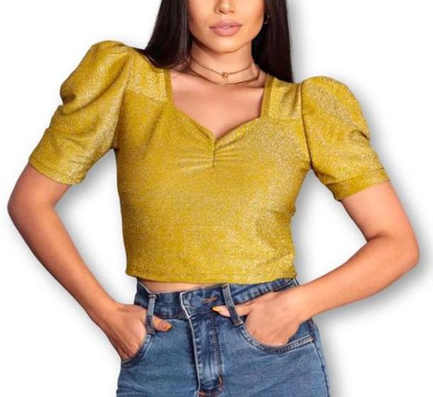 Imagem de Blusa Cropped lurex manga princesa decote drapeado feminina moda