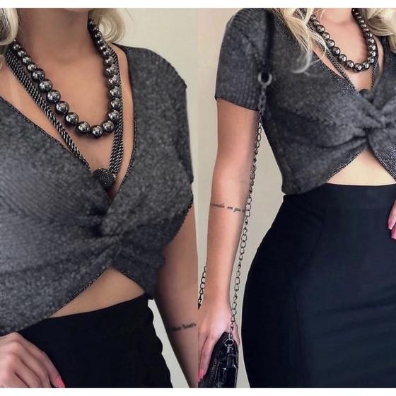 Imagem de Blusa cropped lurex transpassada no decote com bojo moda feminina