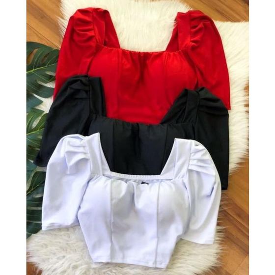 Imagem de Blusa cropped manga curta bufante decote reto poliéster feminino estilo