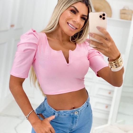 Imagem de Blusa cropped manga curta princesa feminino com bojo decote v suplex feminino