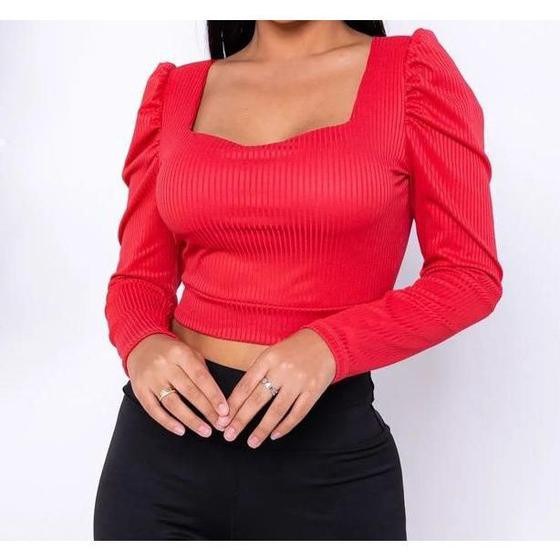 Imagem de Blusa cropped manga longa bufante decote quadrado com bojo canelado feminino fashion