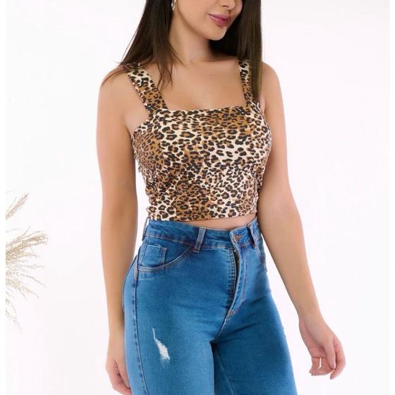 Imagem de Blusa cropped onça alça feminino larga poliéster