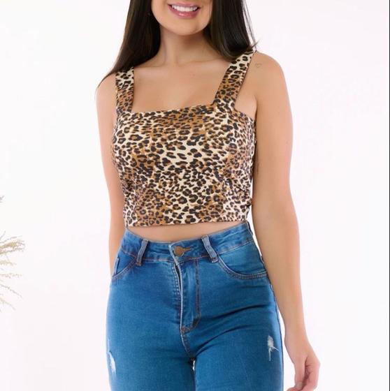 Imagem de Blusa cropped onça alça larga póliester feminina blogueira