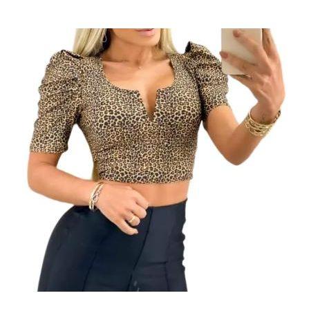 Imagem de Blusa cropped onça decote V com bojo manga curta princesa moda feminina