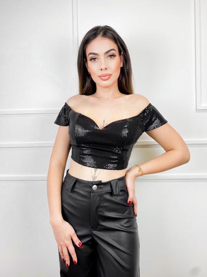 Imagem de Blusa Cropped paetê ombro a ombro decotada com bojo moda feminina basica