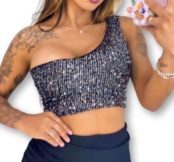 Imagem de Blusa cropped paetê um ombro só  com bojo novidade feminina