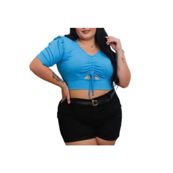 Imagem de Blusa cropped plus size canelado decote drapeado regulagem manga curta bufante feminino