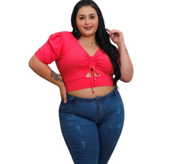 Imagem de Blusa cropped plus size decote drapeado pingente recorte canelado manga curta  moda barata