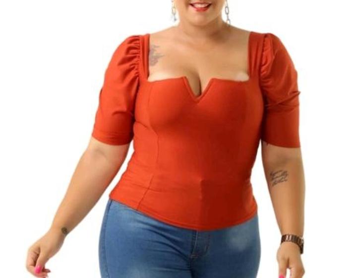 Imagem de Blusa Cropped plus size decote reto V bufante feminino elegante