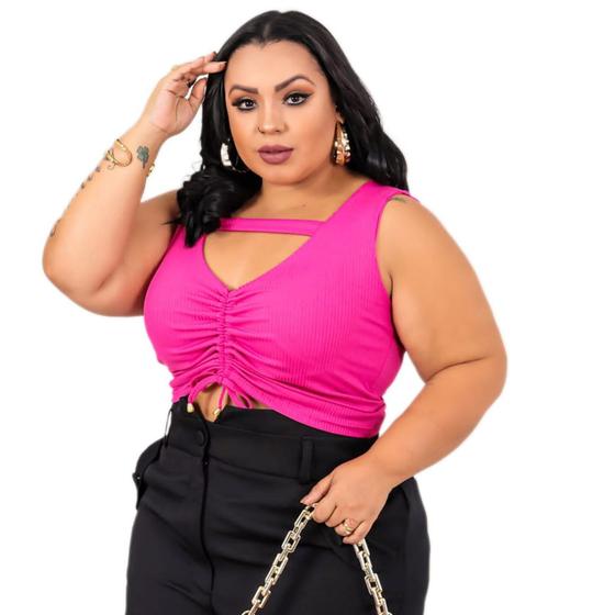 Imagem de Blusa cropped plus size drapeado pingente na amarração regata canelado feminino estilo