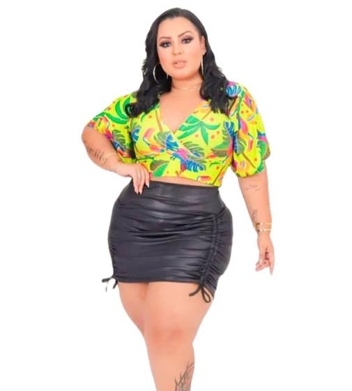 Imagem de Blusa Cropped plus size estampada decote v manga curta flare feminina fashion