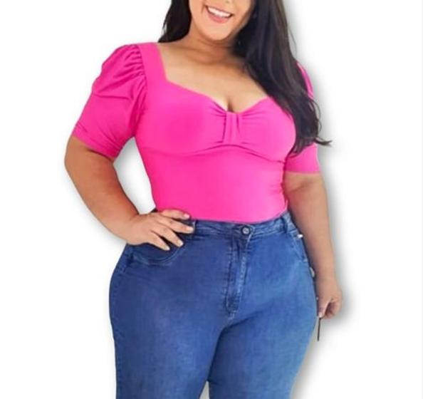 Imagem de Blusa cropped plus size manga bufante com bojo detalhe no decote poliéster moda feminina