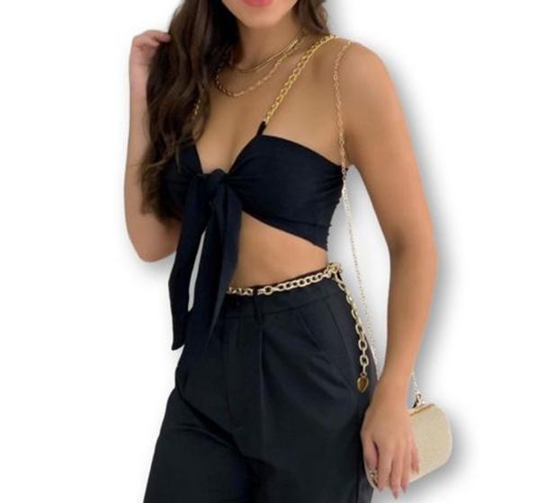 Imagem de Blusa cropped poliéster alça corrente decote com nó estilo feminino
