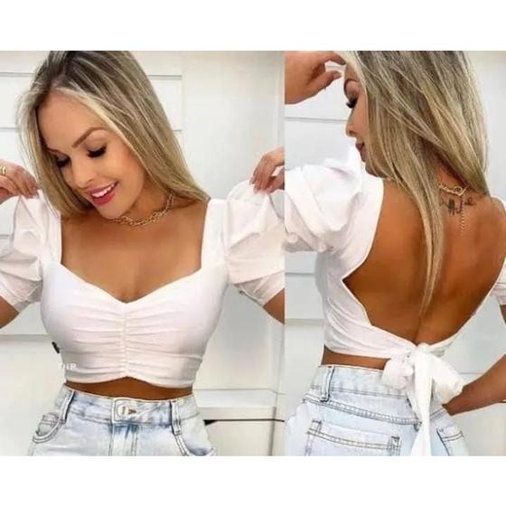 Imagem de Blusa cropped poliéster feminino manga curta princesa amarração simples costa tendência