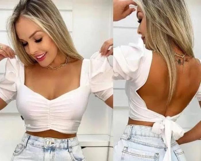 Imagem de Blusa cropped poliéster feminino manga curta princesa amarração simples exclusivo costa