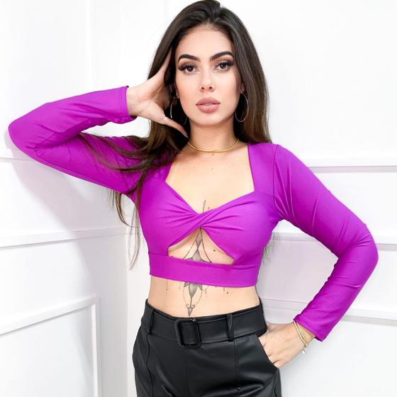 Imagem de Blusa cropped poliéster manga longa recorte transpassado infinito feminino luxuoso