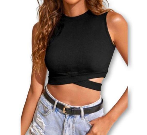 Imagem de Blusa Cropped recorte lateral viscolycra cavada feminina tendência