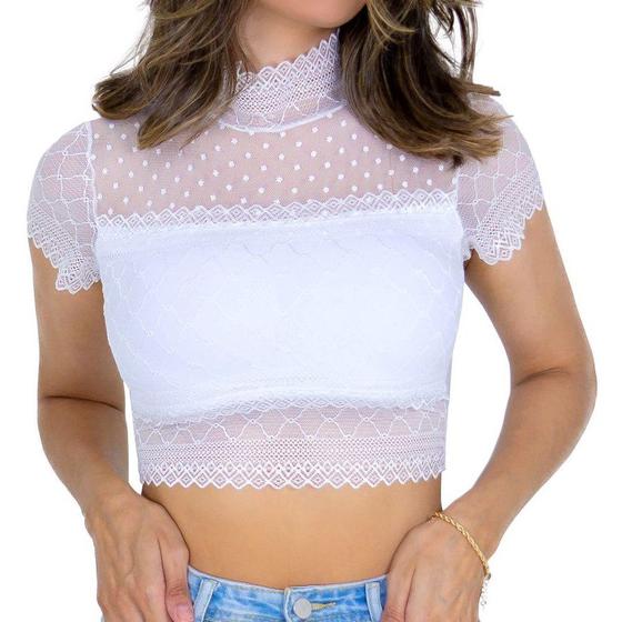 Imagem de Blusa Cropped renda transparente gola alta manga curta com bojo moda feminino