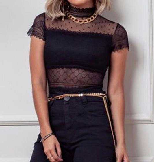 Imagem de Blusa cropped renda transparente gola alta manga curta moda feminina