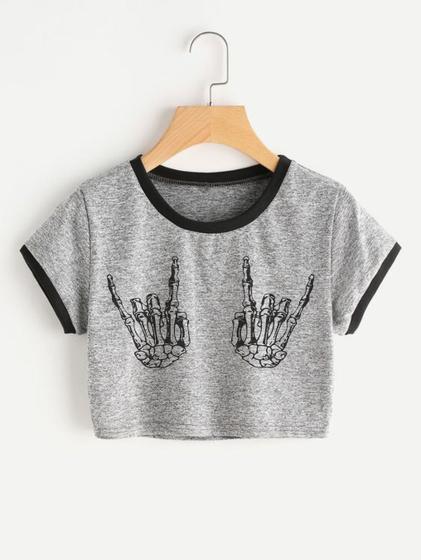 Imagem de Blusa Cropped Ringer Tee Cinza Mescla Skull hand Mão Caveira Soltinha - No Sense