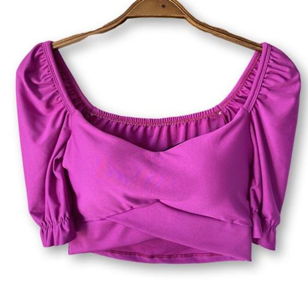 Imagem de Blusa cropped top feminino poliéster manga bufante c/bojo transpassado moda blogueira