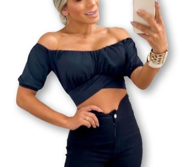 Imagem de blusa cropped top manga ciganinha bufante com amarração nas costas feminino blogueira