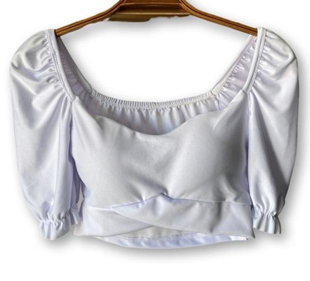 Imagem de Blusa cropped top poliéster manga bufante com bojo transpassado estilo feminino