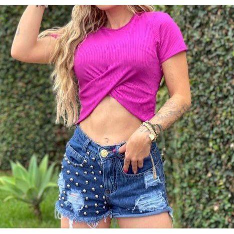 Imagem de Blusa cropped transpassada canelada manga curta sem bojo feminino