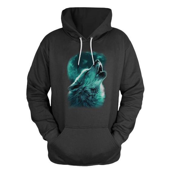 Imagem de Blusa De Frio Moletom Canguru Com Capuz Estampado Lobo