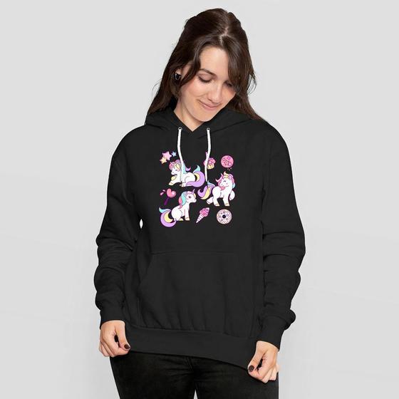 Imagem de Blusa De Frio Moletom Feminino Com Capuz Unicórnios Coloridos