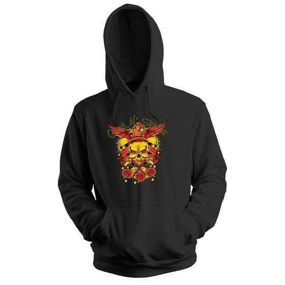 Imagem de Blusa de Frio Moletom flanelado com Capuz Estampa Digital Unissex Envio Imediato Caveira Amarela com Flores Vermelhas