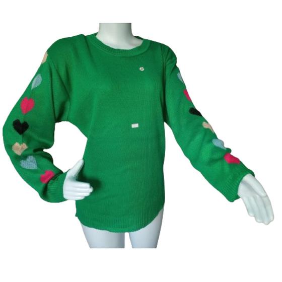 Imagem de Blusa de Frio Tricot Suetér Feminina Plus Size Verde Detalhes Manga Longa Corações Tamanho GG 