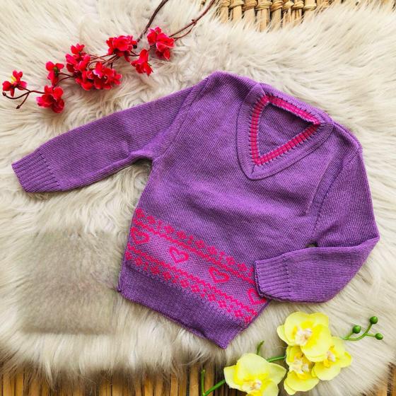 Imagem de Blusa de lã gola V infantil menina com detalhes de coração infantil inverno frio moda lançamento do 1 ao 8