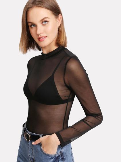 Imagem de Blusa de Tule Mangas Longas  Segunda pele Transparente Tule Macio