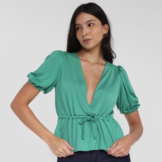 Imagem de Blusa Dzarm Decote V Com Cordão Manga Elástico Feminina