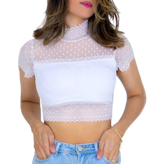 Imagem de Blusa estilo Cropped renda transparente gola alta manga curta com bojo