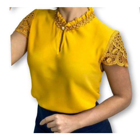 Imagem de Blusa evangélica detalhe gola babado aplicação pérola manga curta rebda feminina